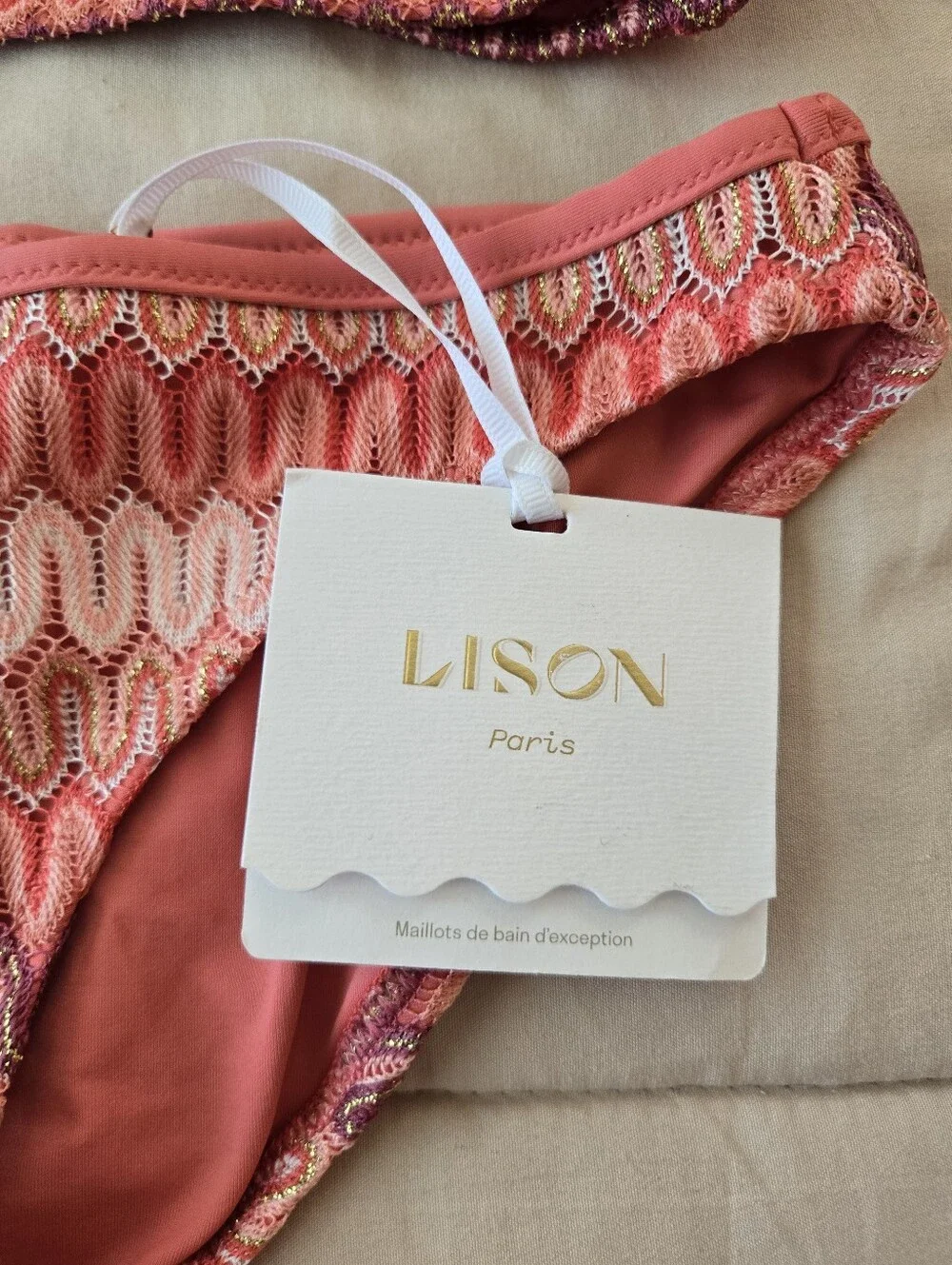 Lison Paris Sunset Coral Two-Piece Swimsuit Bikini Zig Zag Pattern Girls 12 Yrs